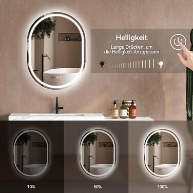 Дзеркало для ванної кімнати YOURLITE з підсвічуванням, 60 см, LED, сенсорне керування, 3 кольори світла, регулювання яскравості, антизапар, пам'ять, годинник, овальне, білий