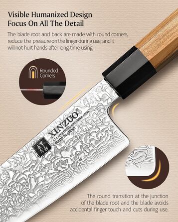 Японський ніж XINZUO Damaststahl Kiritsuke 21.5 см з нержавіючої сталі Дамаск, ніж шеф-кухаря Gyuto з ручкою з оливкового дерева та чорного рогу буйвола, з піхвою (набір з 5 ножів)