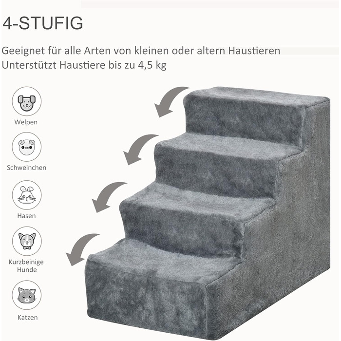 PawHut 4-Step Dog Stairs, 35cm Cat Stairs for Bed and Sofa, Pet Stairs for Dogs and Cats up to 5 kg, Plush Appearance (60L x 35W x 44H cm, Light Grey)