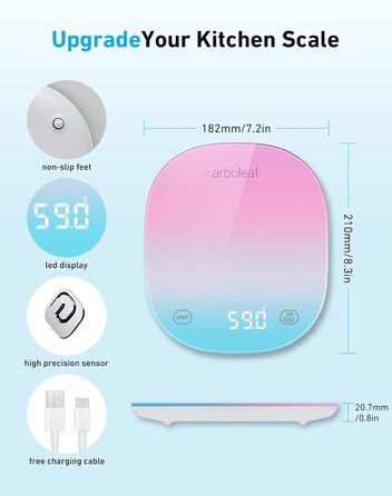 Кухонні ваги Arboleaf Digital з додатком, 10 кг/0.5 г, Bluetooth, підрахунок калорій, USB-зарядка, точна вага з термостійкого скла та функцією тарування (білий, кольоровий)
