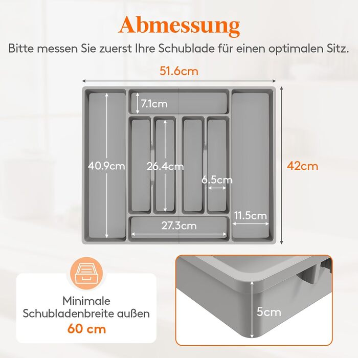 Органайзер для столових приборів Lifewit, 51.6x42 см, для 60 предметів, знімний тримач, пластиковий лоток для ложок, виделок, ножів у шухляду