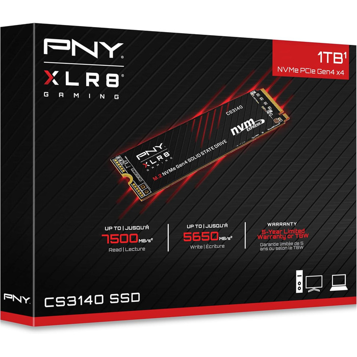 SSD PNY XLR8 CS3140 M.2 NVMe Gen4 x4 1TB - Внутрішній SSD накопичувач, 7500 МБ/с (читання), 5650 МБ/с (запис)