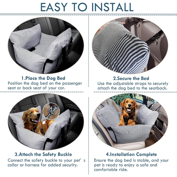 Автокрісло для собак маленьких та середніх порід (до 18 кг), з ременем безпеки та кишенями, антиковзаюча підставка, миється, морські смуги, 76x52 см