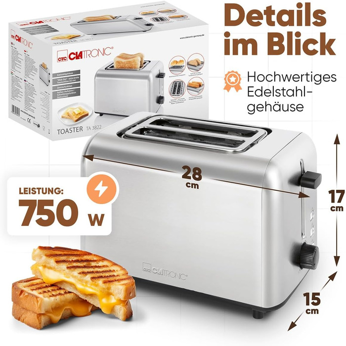 Тостер Clatronic TA 3822 з 2-ма тостами, підставка для хліба, нержавіюча сталь