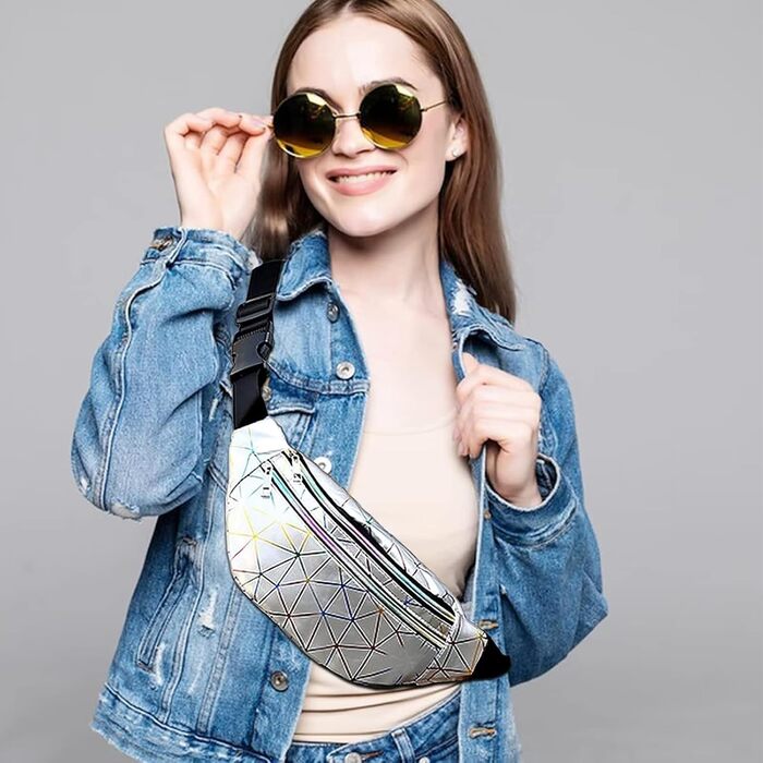 Сумка на пояс 80-х для жінок, лазерний стиль, блискітки, регульований ремінь, водонепроникна, для активного відпочинку, подорожей, туризму, відпустки (срібна, оновлена версія)