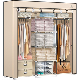 KESSER® Wardrobe Clothes Rack Stable with Clothes Rail & Shelves, Incl. 5x Clothes Hangers, Fabric Folding Wardrobe for Bedroom, Dressing Room, Wardrobe with Clothes Rack 150x45x175cm Beige