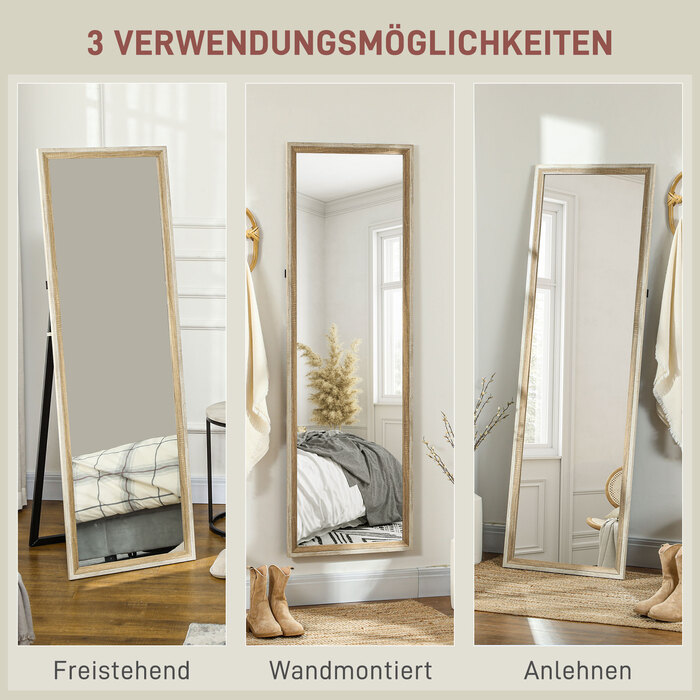 HOMCOM Full Length Mirror, 162.6 x 53.5 cm Standing Mirror with Stand, Wall Mirror for Living Room, Bedroom, Dressing Room White + Natural Wood | Aosom