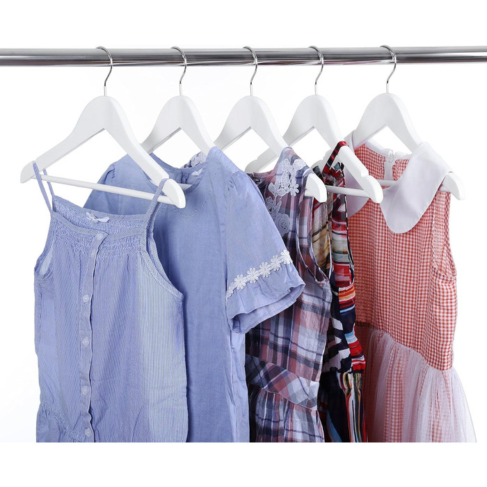 Дерев'яні вішалки для дитячого одягу SONGMICS, 10 шт., з регульованою перекладиною, 360° обертовий гачок, довжина 35 см, білі