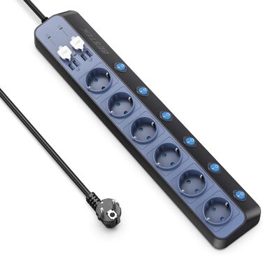 BESTEK Розподільник розеток 6-фазний з USB, захист від перенапруги 900 Дж, настінний, з вимикачем, синьо-білий, кабель 3 м