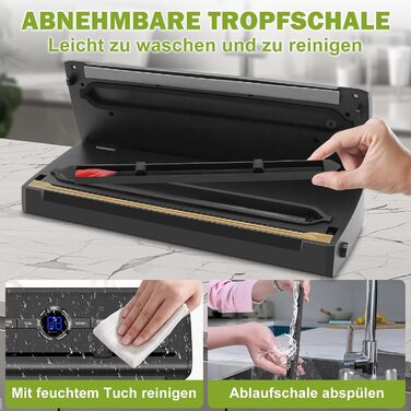 Вакуумний пакувальник KLGFI 7-в-1: професійний апарат для пакування продуктів з подвійною зварювальною швом, з нарізкою та цифровим лічильником. У комплекті 50 вакуумних пакетів. Чорний колір.