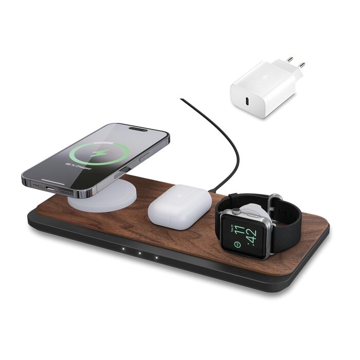 Woodcessories Multibase Pro: Бездротова зарядка 3-в-1 для iPhone, Apple Watch, AirPods з адаптером 45W - Walnut Wood