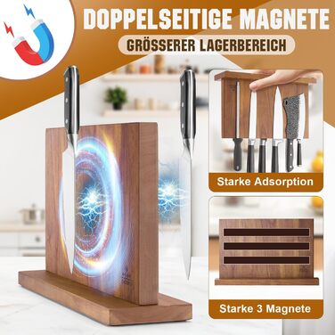 ENOKING Premium Plus Knife Block Magnetic Without Knives 38.6 x 23 cm, Double-Sided Magnetic Knife Holder Made of Acacia Wood, Magnetic Knife Block for Cutlery Display and Storage