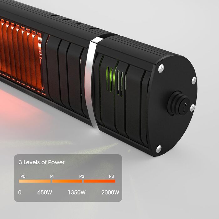 Інфрачервовий обігрівач для тераси 2000W, електричний, 3 режими, IP65, для саду, балкону та тераси (чорний)