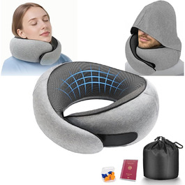 Подушка для шиї з регульованою капюшоном та 360° підтримкою шиї | Ергономічна подушка з піною з пам'яті для подорожей (літак, авто) | З чохлом для подорожей та берушами | Дихаюча та пральна (світло-сіра)