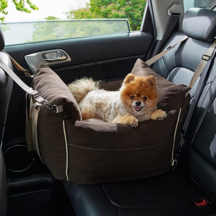Pet Car Seat for Small Dogs - Waterproof and Washable Dog Car Seat with Storage Pockets, Detachable Safety Leash, and Thickened Memory Foam Filling, 58x56x33cm, (Brown)