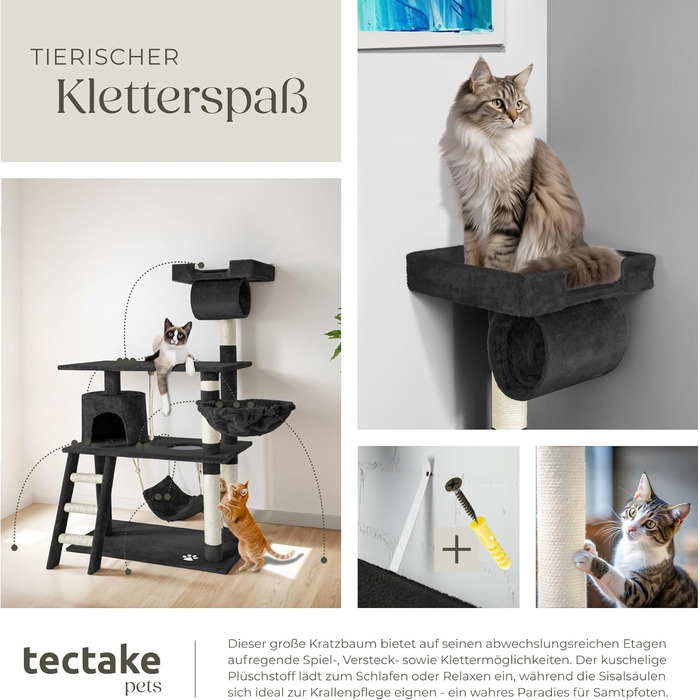 Кігтеточка Tectake для котів з будиночком, гамаком, сходами та іграшками, 141 см, чорна