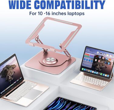 Adjustable Laptop Stand for Desk - 360° Rotating Base, Foldable & Portable - Fits 10-17 inch Laptops (Rose Gold)