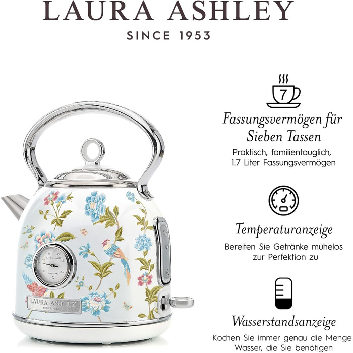 Laura Ashley Elveden Wireless Electric Kettle - 1.7L Stainless Steel, 2.2kW Fast Boil, Temperature Display & Overheat Protection