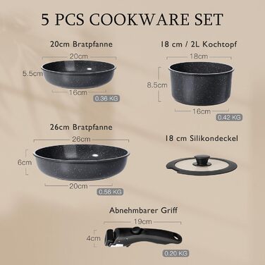 GiPP 5-Piece Ceramic Cookware Set with Removable Handle - Non-Stick, Induction Ready, Oven Safe, PTFE/PFOA-Free - White & Black