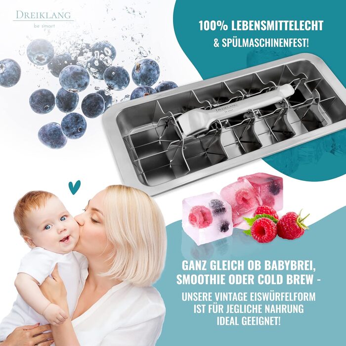 Dreiklang - be smart® Polished 18/8 Stainless Steel Ice Cube Mold with Lever for Effortless Removal | Food-Safe & Durable Ice Cube Maker | Plastic-Free Ice Cube Containers Large | Ice Cube