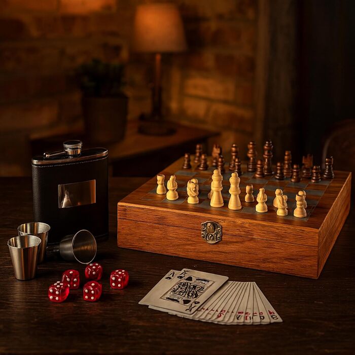 Набір флакон для алкоголю 237 мл з шахами, кубиками, картами, воронкою в дерев'яній шкатулці – подарунковий набір для чоловіків – аксесуари для бару та дорожній набір для віскі, горілки, джину та ін.