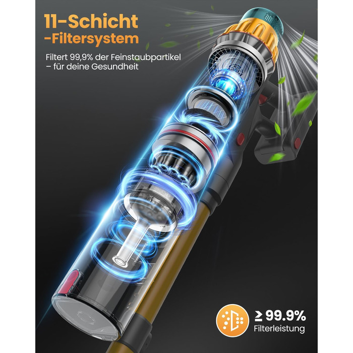 Акумуляторний пилосос SICBCGB 48000Pa/550W/70 хвилин, 2.0L з HD-дисплеєм, антизаплутана щітка, док-станція, самостійна підставка, 11-шарова фільтрація для шерсті тварин та авто, золотий колір