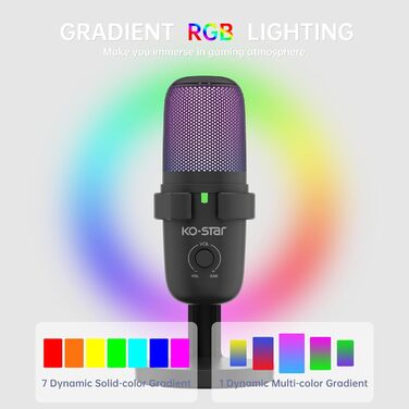 KO-Star USB мікрофон з RGB підсвіткою для ПК та смартфона – конденсаторний мікрофон зі штильником, регулятором підсилення, поп-фільтром та антивібраційним кріпленням для стрімінгу, подкастів та запису