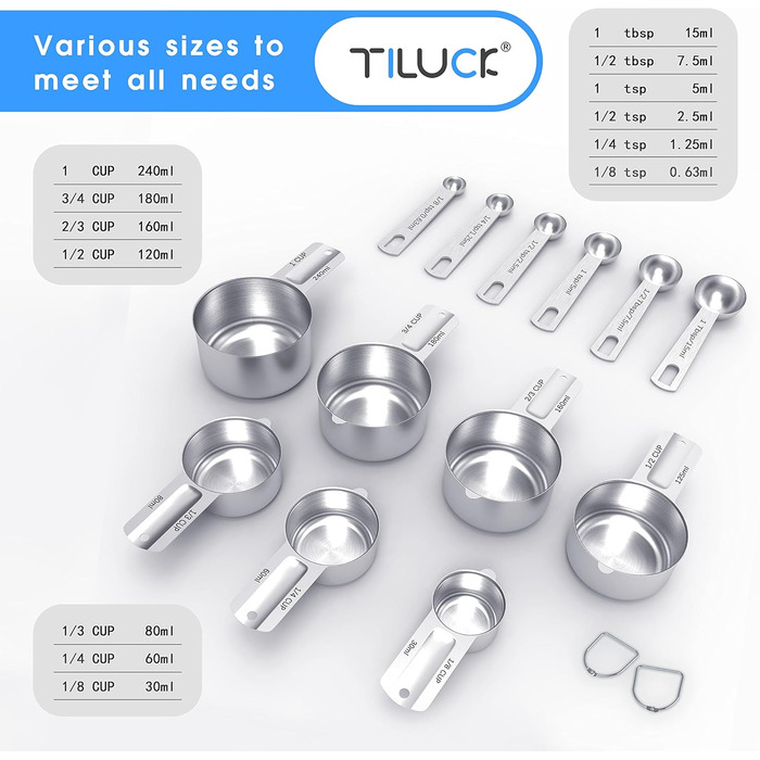 TILUCK Stainless Steel Measuring Cup and Spoon Set, Cups and Spoons, Kitchen Utensils for Cooking and Baking (XX-Large)