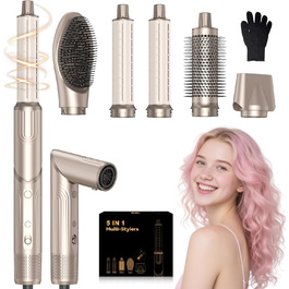 Atopskins 7-в-1 Airstyler: професійний набір для укладки волосся, 110000 обертів/хв, 1400 Вт. Фен-щітка, плойка для локонів, випрямляч, іонізація. Об'єм, сушка, випрямлення, локони (Золотий)