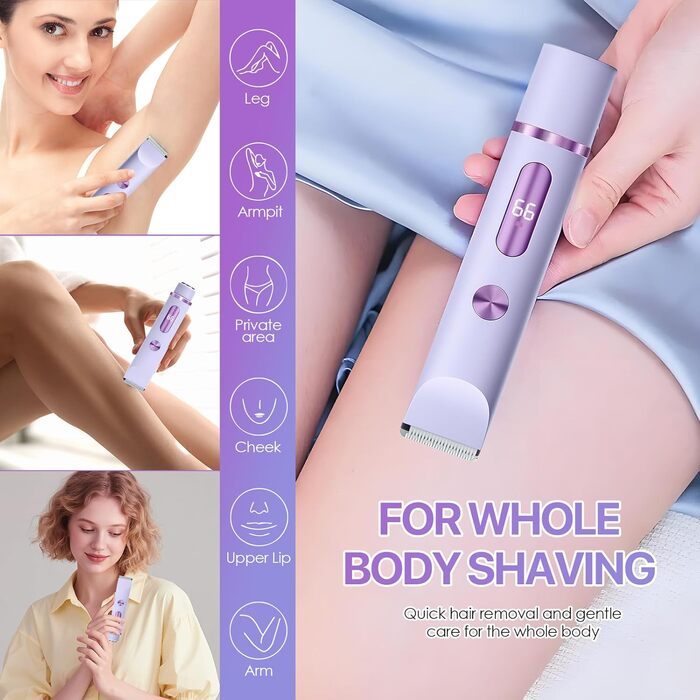 Триммер для бікіні RoserRose 2-в-1 для жінок з LED дисплеєм, водонепроникний (IPX7), Type-C зарядка, набір для догляду за інтимною зоною (фіолетовий)