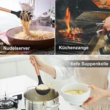 Набір кухонних аксесуарів Herogo: 12 шт. силіконове кухонне приладдя з тримачем, стійке до високих температур, з дерев'яними ручками, антипригарний лопатка (чорний)