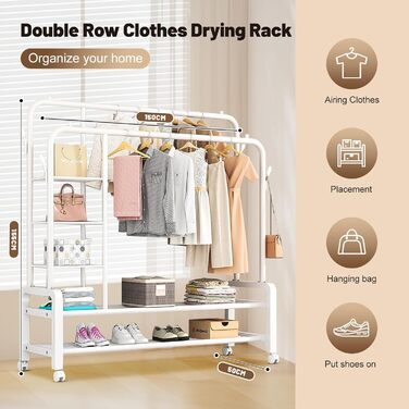 Clothes rack, clothes rail, rolling clothes rack, rolling clothes rail, stable clothes rack, black clothes rack, clothes rack with wheels and two clothes rails (Black) (Blanco1)