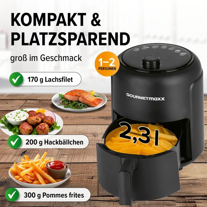 Фритюрниця повітряна GOURMETmaxx 2.3L з таймером 60 хв та 9 функціями | Енергозберігаюча, без запаху, 1000 Вт
