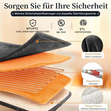 Електрична ковдра Netraty з автовимкненням 130x180 см, 8 режимів нагріву, таймер 1-12 годин, захист від перегріву, пральна машина, фланель-шерпа, сіра для дому та офісу