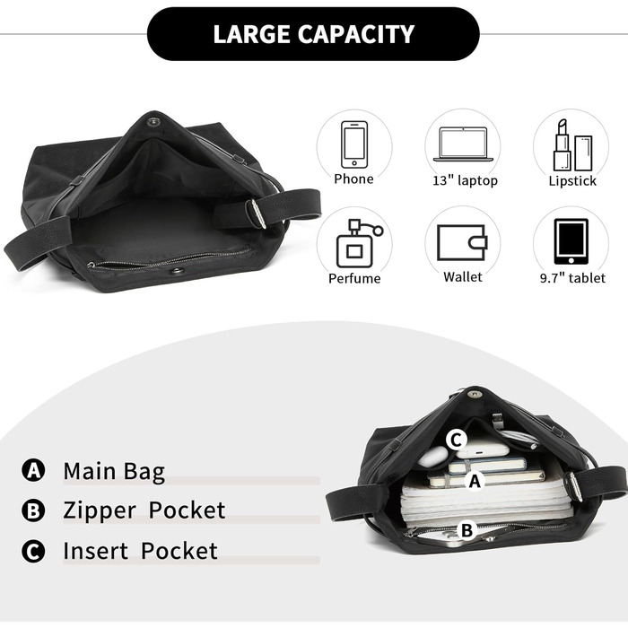 Сумка жіноча Miss Lulu велика шопер Tote Bag з м'якої PU шкіри, чорна (2-в-1)