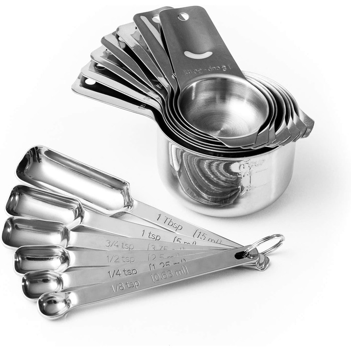 Measuring cup and spoon set – 13-piece, stainless steel, metal, durable, stackable, compact, easy to scoop