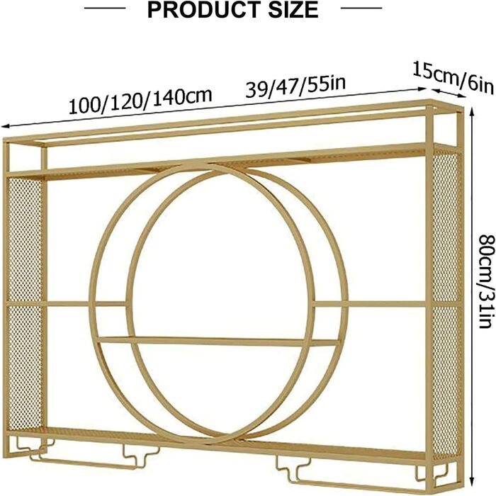Настінна вітрина для вина Regal Metall: полиця для пляшок, барна вітрина, для бару, ресторану, інтер'єру (золота, 100*15*80)