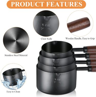 Measuring cup with wooden handle, black stainless steel measuring cup set, dog food scoop for kitchen, flour, spices, measuring, cooking (1, 1/2, 1/3, 1/4 cup)