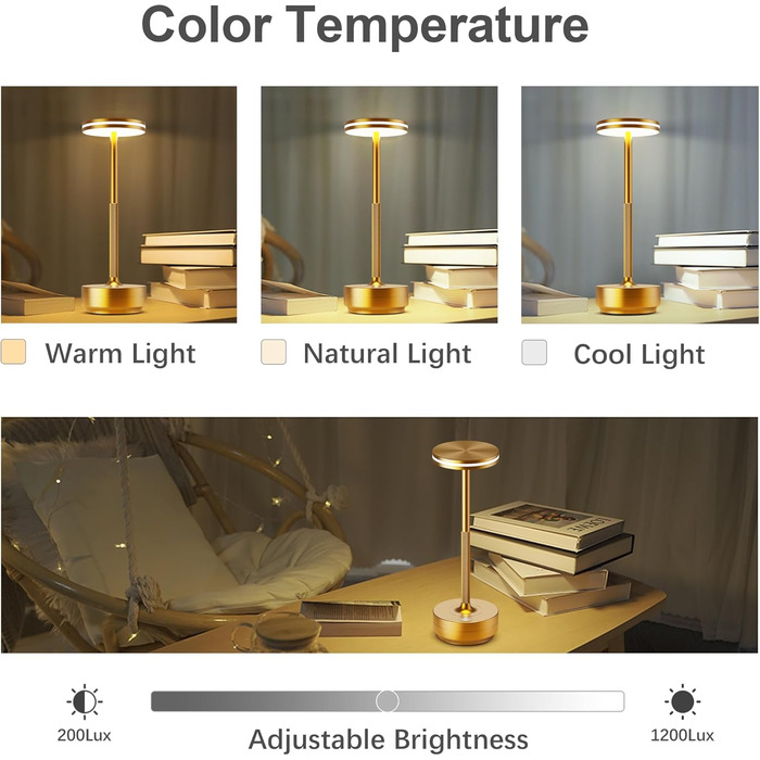 Настільна LED лампа Hapfish акумуляторна бездротова, диммована, 5000mAh, 3 режими світла, водонепроникна IP54 для вулиці, спальні, столу – Золота