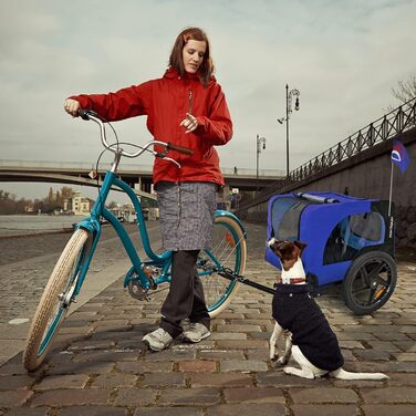 Фаркоп для собак на велосипед, причіп для собак, з прапорцем та ременем, складаний та легкий у зберіганні, кольори: червоний, пісочний, м'ятно-зелений, фіолетово-блакитний, військово-блакитний, військово-зелений (фіолетово-блакитний)