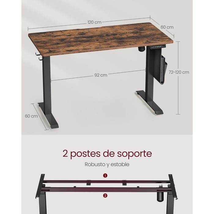 VASAGLE Electric Height Adjustable Desk - Vintage Brown, 60 x 120 x (72-120) cm, Memory Function, Wood & Steel Frame