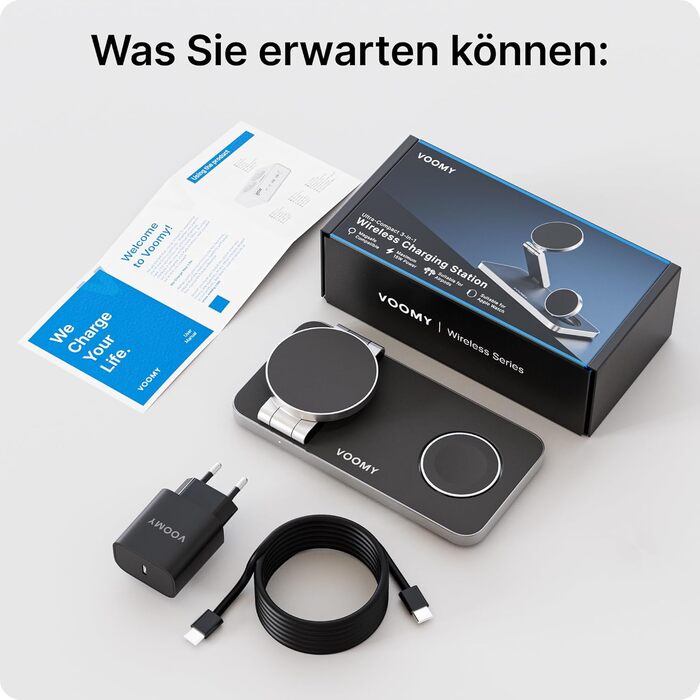 База для бездротової зарядки Voomy 3-в-1 з підтримкою MagSafe, для iPhone, AirPods та Apple Watch, 15W, складана, швидка зарядка, з USB-C кабелем та адаптером (Чорний)