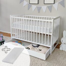 Дитяче ліжечко з матрацом і шухлядою Kids Collective, дерев'яне, 60x120 см, біле, регульоване, для новонароджених і малюків, знімні спиці