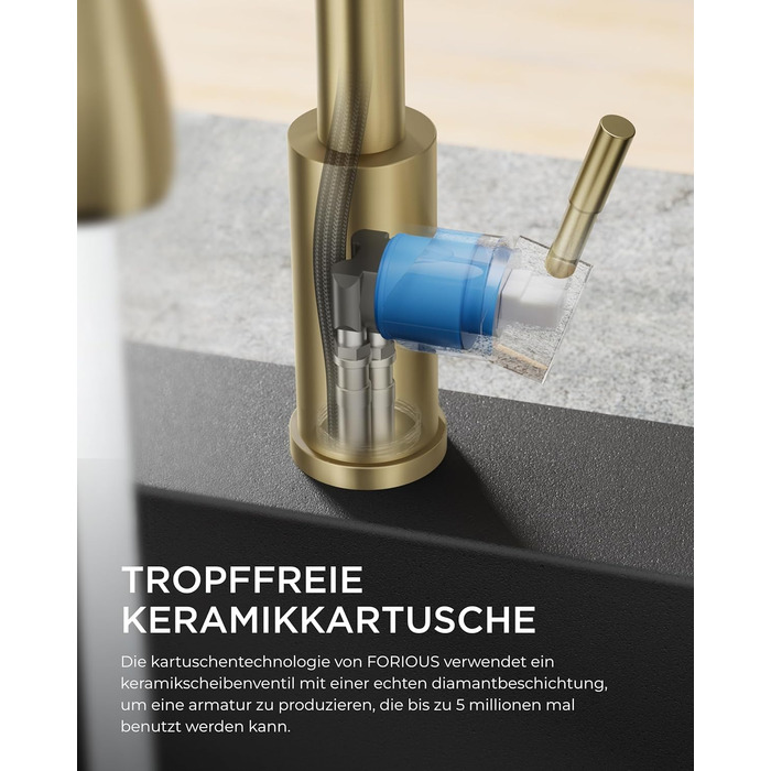 Кран кухонний FORIOUS з висувною лійкою, 360° обертання, 2 режими, шліфоване золото