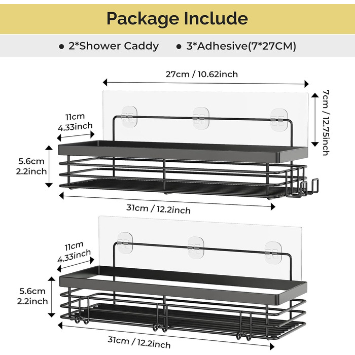 Набір душових корзинок Orimade з полицями та 5 гачками для ванної кімнати (3 шт., чорний)