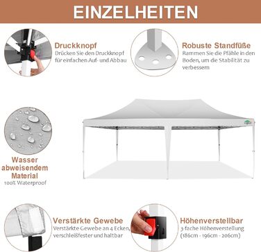 COBIZI Pavilion 3x3 Waterproof Stable Winter-Proof Party Tent 3x3 with 4 Side Walls Pop Up Folding Pavilion UV Protection 50+ Garden Pavilion With Handbag, 8X Pegs and 4X Wind Rope, (White, 3x6 m)