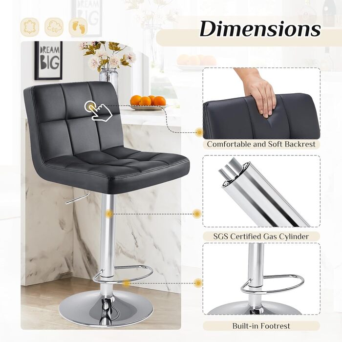 DUMOS Modern Adjustable Bar Stools 2-Pack - Metal Legs, Kitchen & Bar Height - White & Dark Black