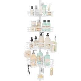 Поличка для душу SWTYMIKI телескопічна, кутова, з мильничкою та тримачем для зубних щіток, 4 гачки, регульована, не потребує свердління, нержавіюча сталь, 70-275 см, білий