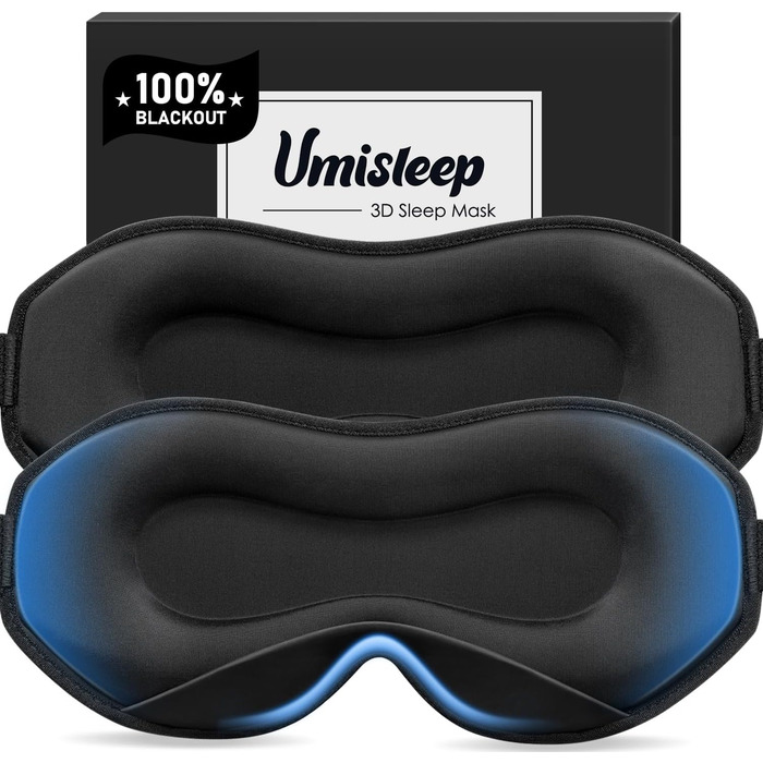 Маска для сну Umisleep для тих, хто спить на боці, 3D-конструкція, регульована гумка, блокує світло, дихаюча, для чоловіків та жінок, підходить для подорожей та йоги (Чорний/Чорний)