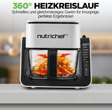 Фритюрниця NutriChef з подвійною камерою, 8л, Airfryer, з вікном, 360°C, 9 програм, антипригарне покриття, миється в посудомийній машині, для смаження, гриля та випікання, 1700W
